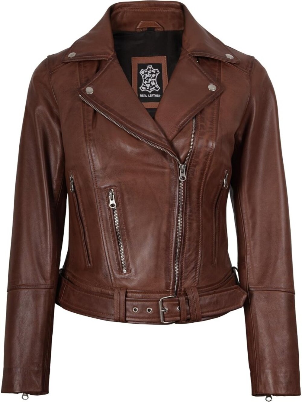 Women’s Cognac Leather Asymmetrical Belted Moto Jacket Biker Coat